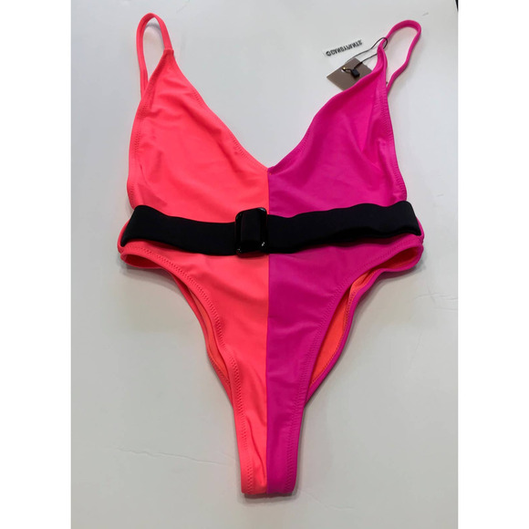 Candy Pants Women's Orange Pink Color Block Swimsuit UK 6 Plunge One Piece NWT - Picture 1 of 10
